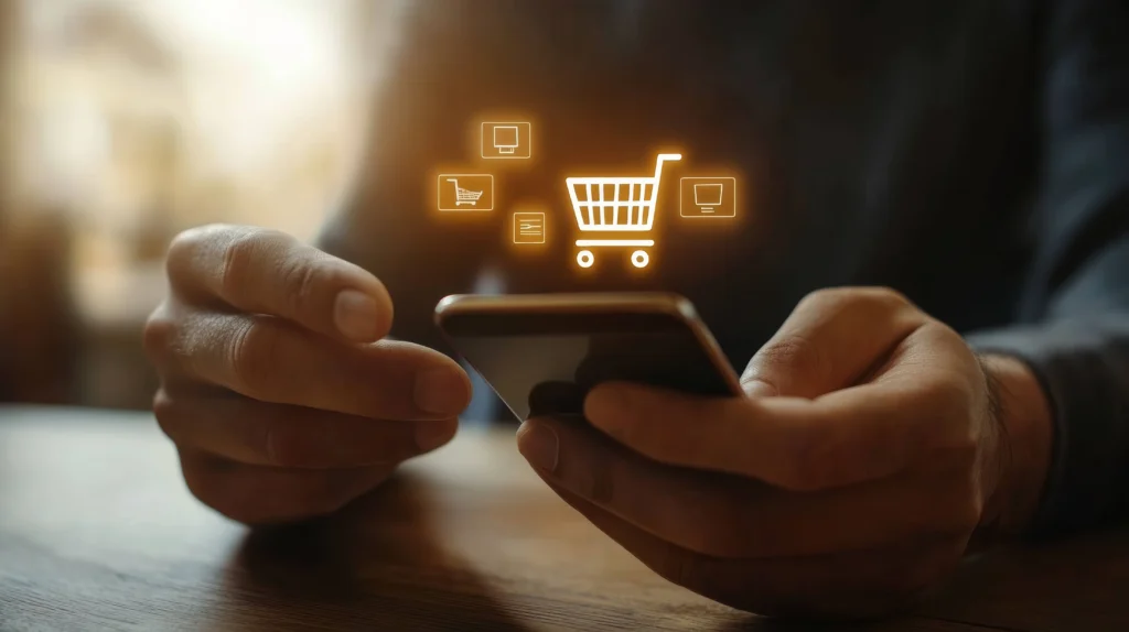 A imagem apresenta um close aproximado de duas mãos sobre uma mesa, segurando um smartphone com ícones de compra em destaque neon, fazendo referência a Integração de ERP e marketplace.